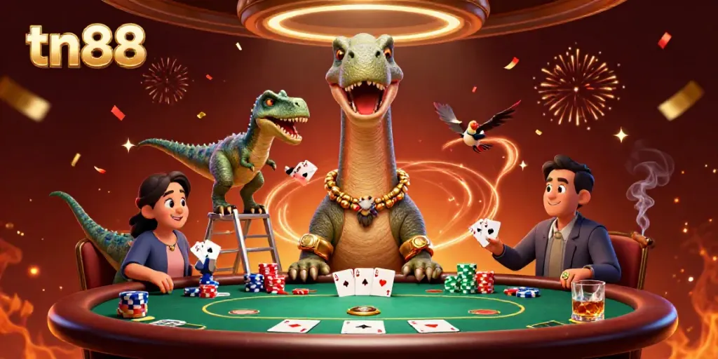 Experience the fun with tn88 at a vibrant poker table, featuring playful dinosaurs and lots of poker chips.