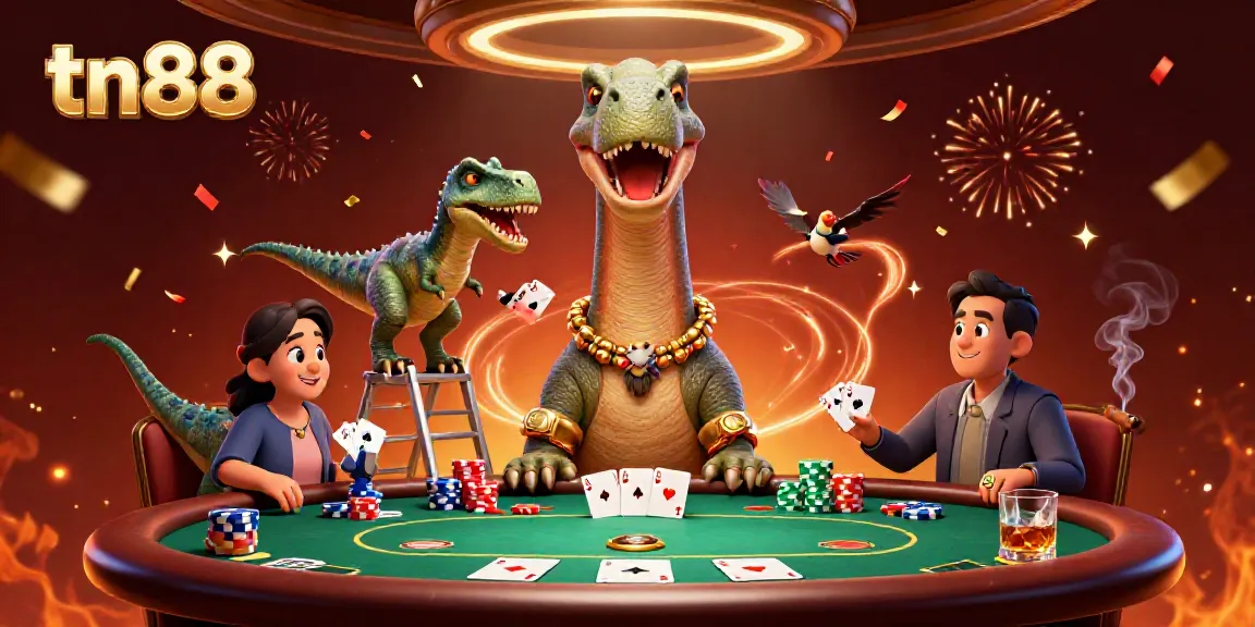 Experience the fun with tn88 at a vibrant poker table, featuring playful dinosaurs and lots of poker chips.