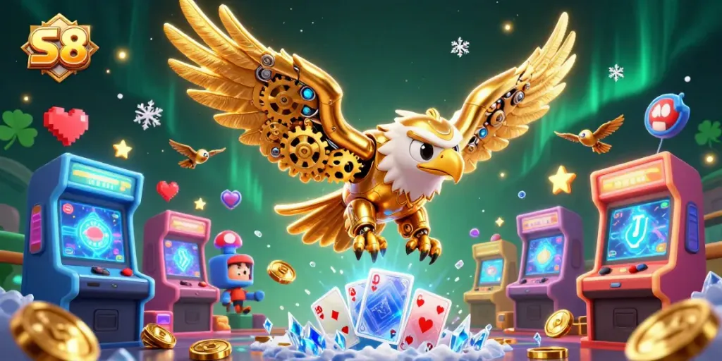 S8 casino players experience exciting games with a dazzling golden eagle flying amongst colorful holographic elements.