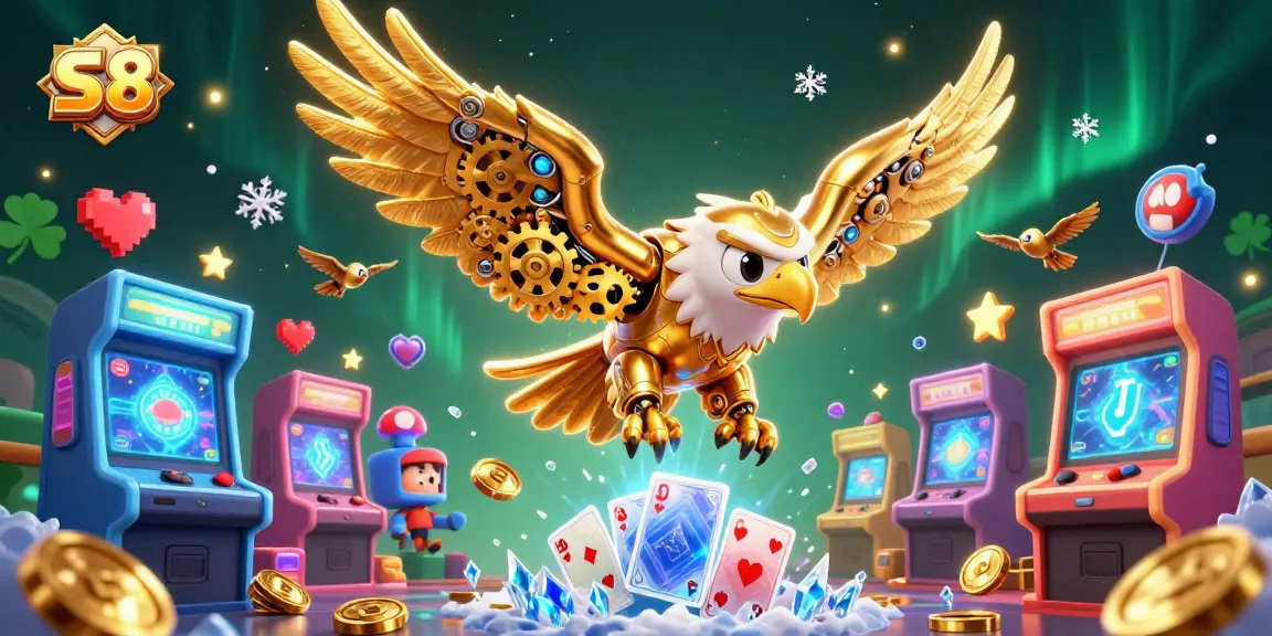 S8 casino players experience exciting games with a dazzling golden eagle flying amongst colorful holographic elements.