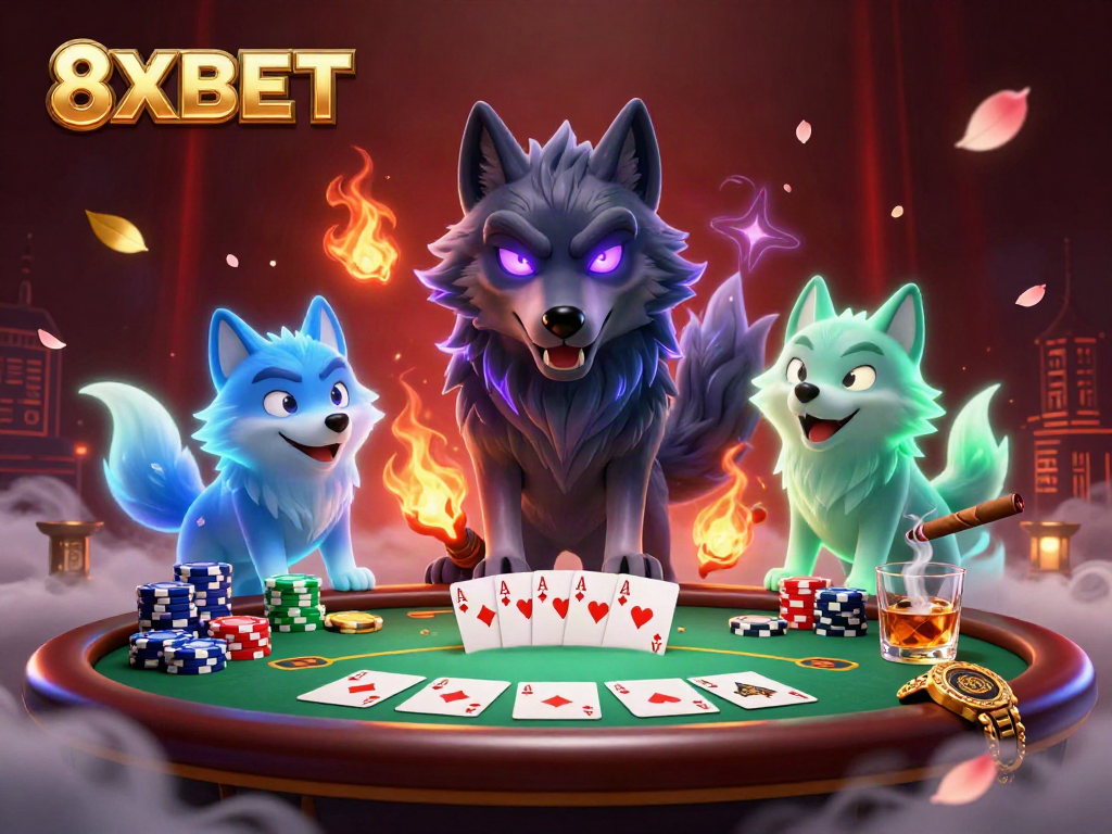Engage in thrilling poker games with 8XBET's energetic scene featuring ghostly wolf companions.