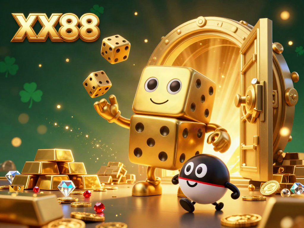 Engage with dynamic XX88 gaming action featuring colorful golden dice and treasures in an energetic casino scene.
