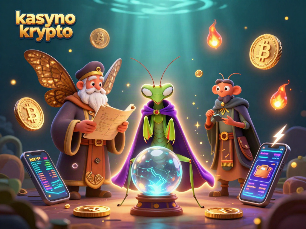 Play at kasyno krypto with a vibrant scene of mystical characters and cryptocurrencies.