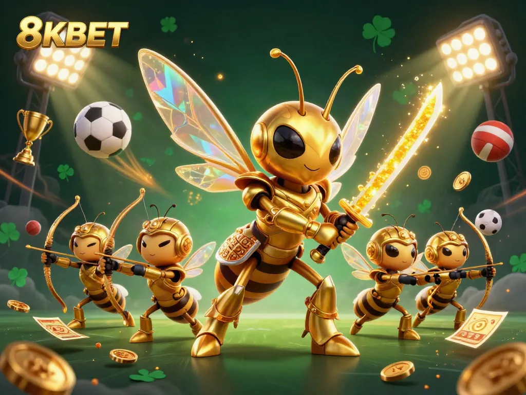Experience thrilling sports action with 8KBET's dynamic casino scene featuring a giant golden hornet and vibrant game elements.