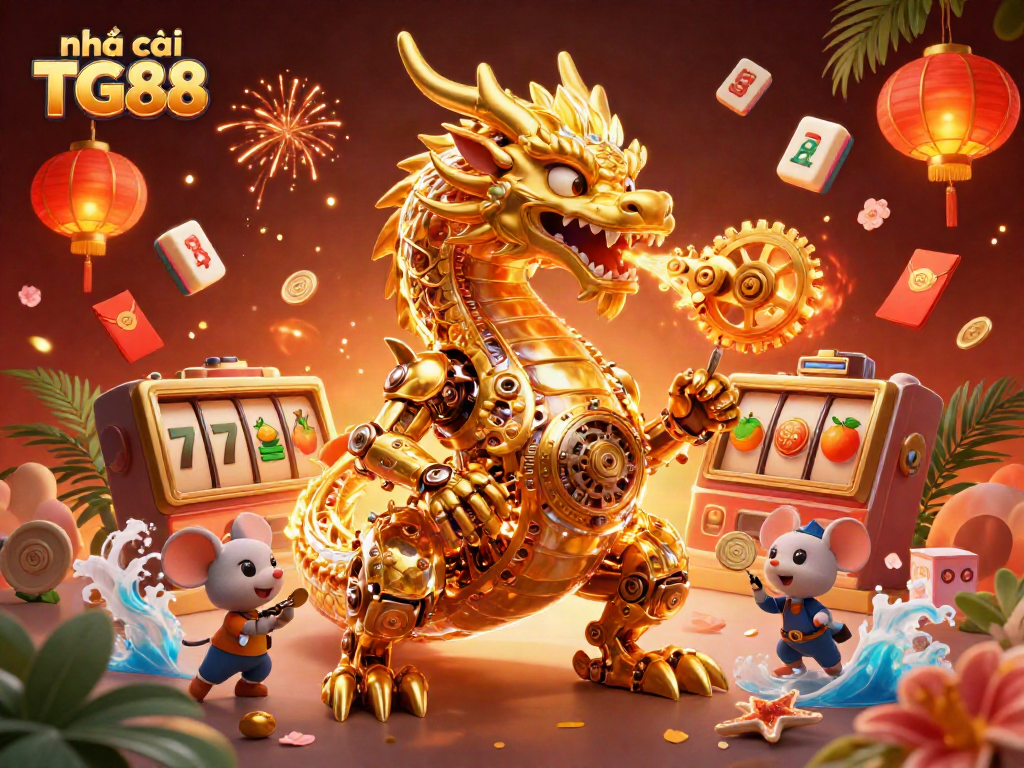 Experience the excitement of Nhà cái TG88 with a golden dragon, lucky treasures, and vibrant casino elements.