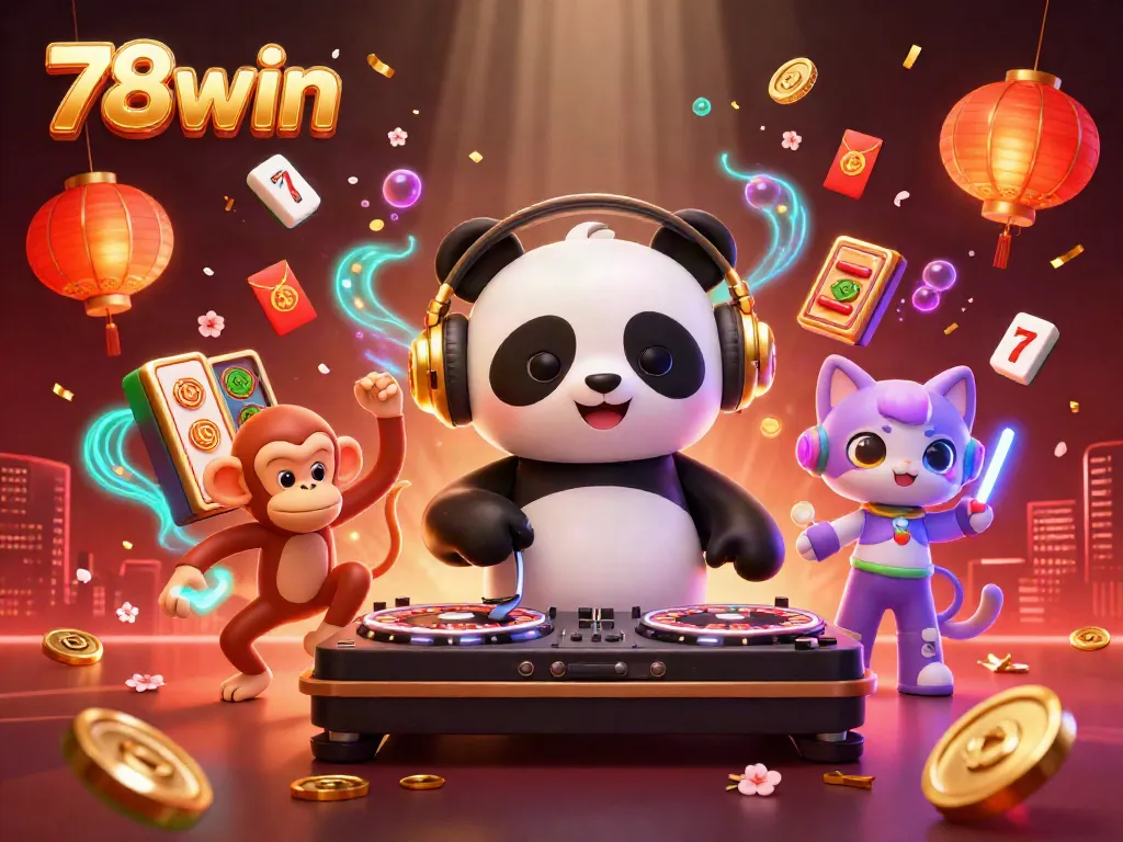 Engage with exciting 78win gameplay in a vibrant 3D scene showcasing a DJ panda, breakdancing monkey, and kitten.