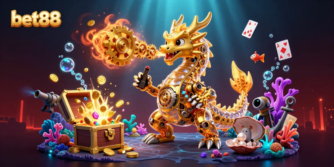 Experience the vibrant world of bet88 with a dynamic 3D golden dragon and treasure-filled underwater scene.