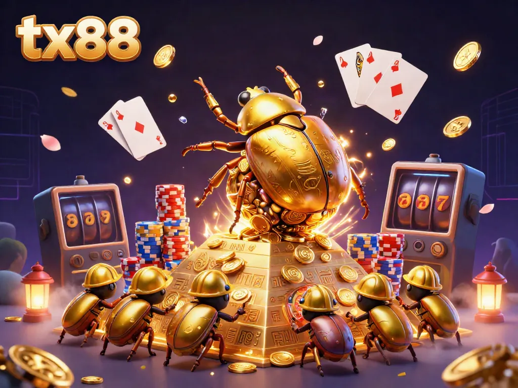 Experience thrilling gameplay at tx88 with a magical scene of joyous beetles amidst golden treasures.