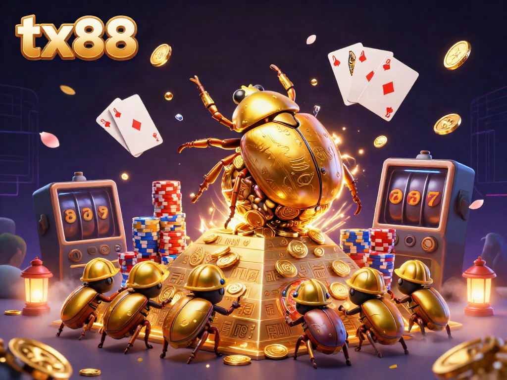 Experience thrilling gameplay at tx88 with a magical scene of joyous beetles amidst golden treasures.