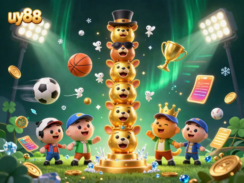 Experience adventure at uy88 with a vibrant casino scene featuring animated totem poles and dynamic sports elements.