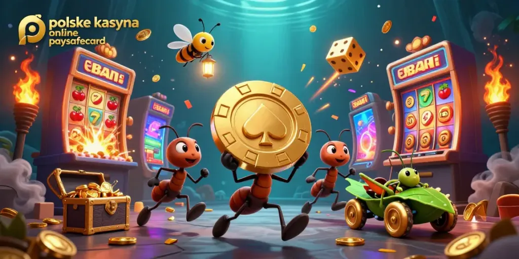 Experience the thrill of polskie kasyna online paysafecard with ant heist characters amidst slot machine jackpots and treasures.