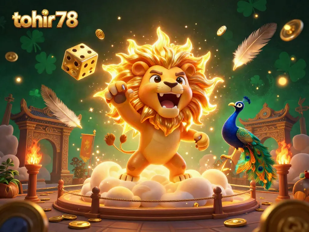 Engage with the thrilling gaming scene of tohir78 featuring a roaring sun lion and golden dice, capturing the excitement of casino adventures.