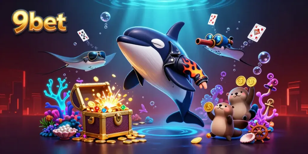 9bet promotion featuring cartoon characters and casino elements in a vibrant underwater scene.