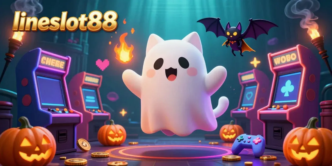 Experience the excitement of lineslot88 with a ghost cat in a haunted casino. Fun gaming elements illuminated attractively.