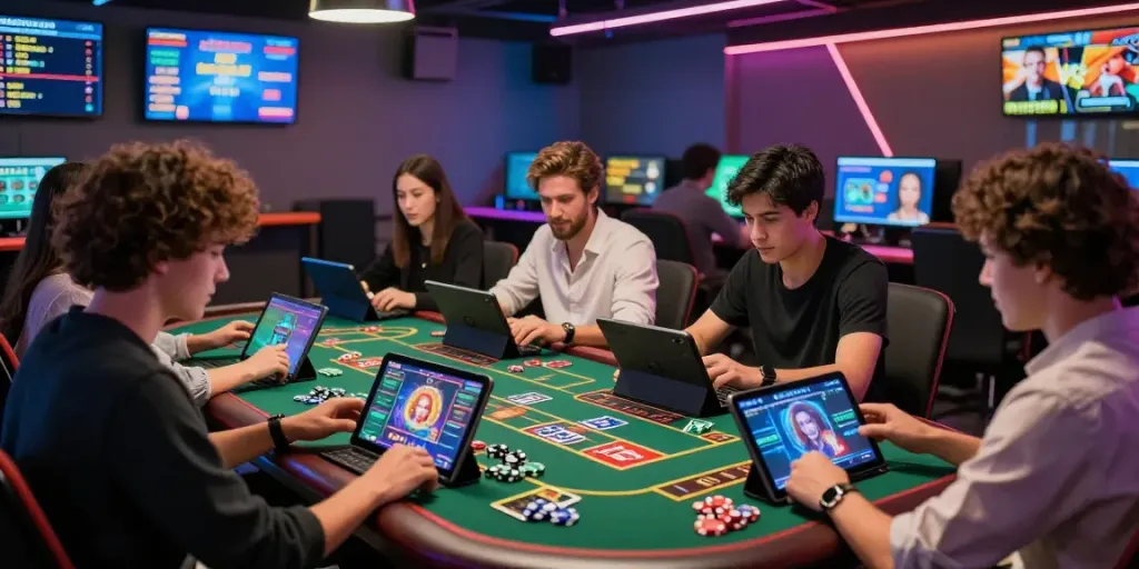 Exciting lumbung88 online gaming scene with players engaged in casino games, vibrant atmosphere, and modern lounge setting
