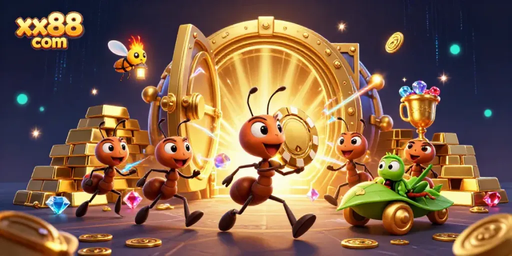 Experience the thrill of xx88 com with a heist by cartoon ants in a vibrant casino scene.