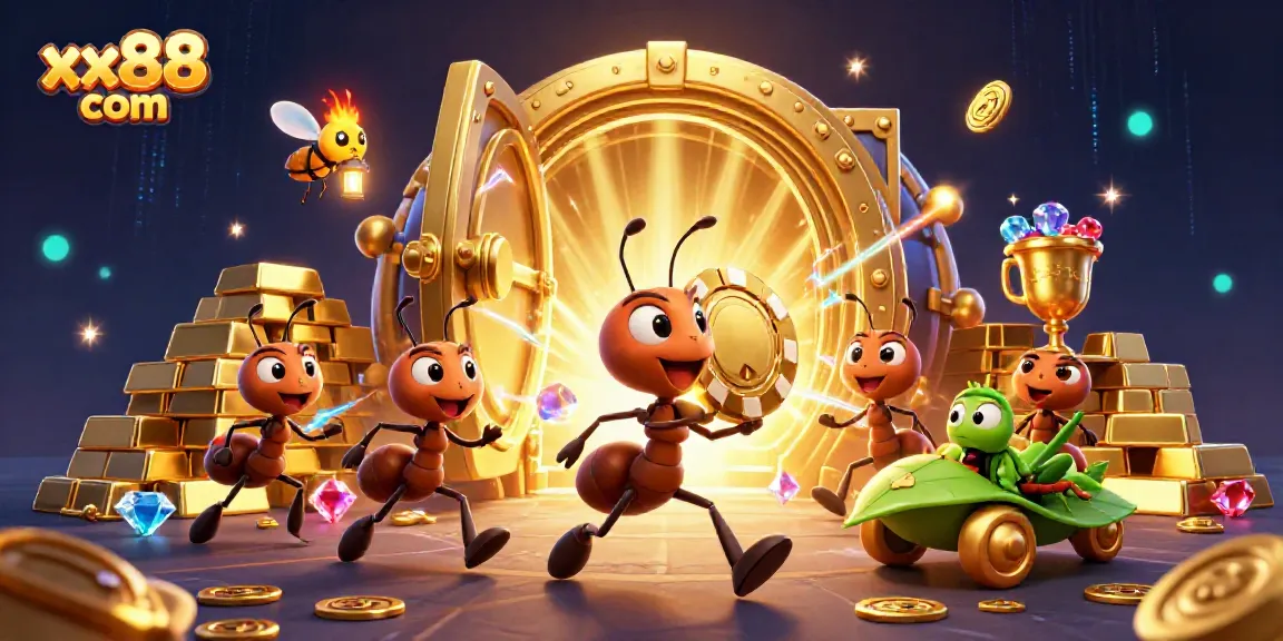 Experience the thrill of xx88 com with a heist by cartoon ants in a vibrant casino scene.