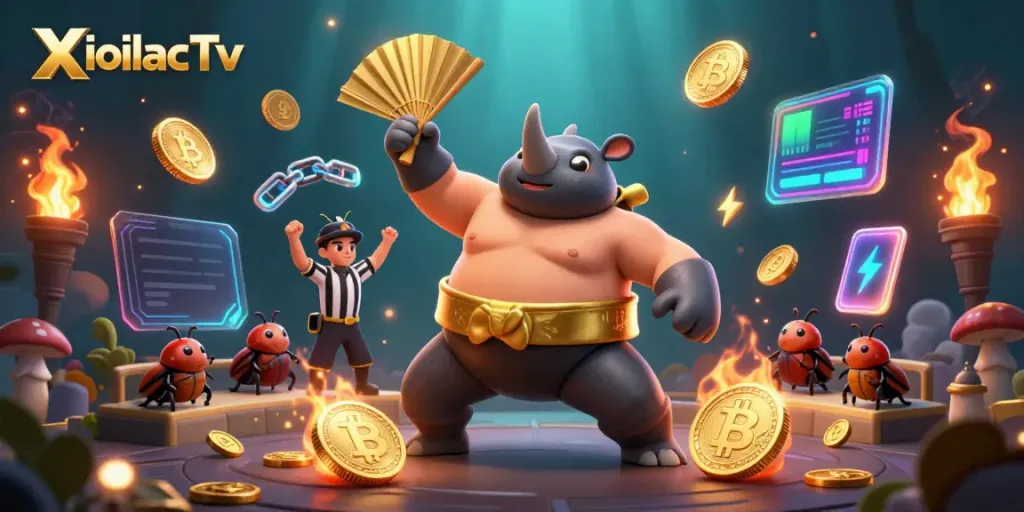 XoilacTv showcases a thrilling 3D beetle wrestling scene, with crypto coins and vibrant elements.