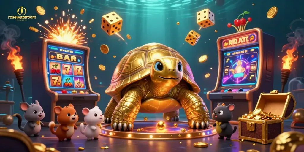 Experience the excitement of rosewaterroom with a lively scene of a golden tortoise pinball machine surrounded by thrilling casino elements.