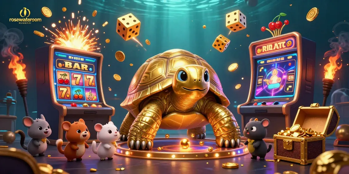 Experience the excitement of rosewaterroom with a lively scene of a golden tortoise pinball machine surrounded by thrilling casino elements.