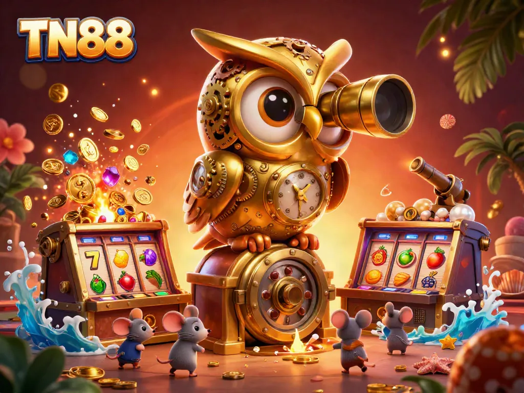 Experience the excitement of TN88 gaming with a stunning illustration of a golden owl and vibrant slot machines.