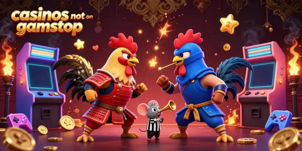 Battle of twin roosters showcases casinos not on GamStop, with vibrant arcade game elements.