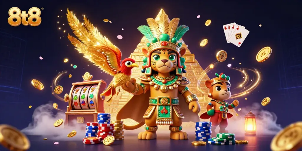 Experience thrilling wins with 8tt8's 3D illustration of Mayan-themed slot adventure.