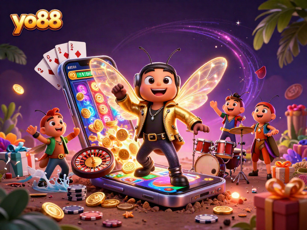 Experience the excitement of yo88 with cartoon characters celebrating in a colorful casino setting.
