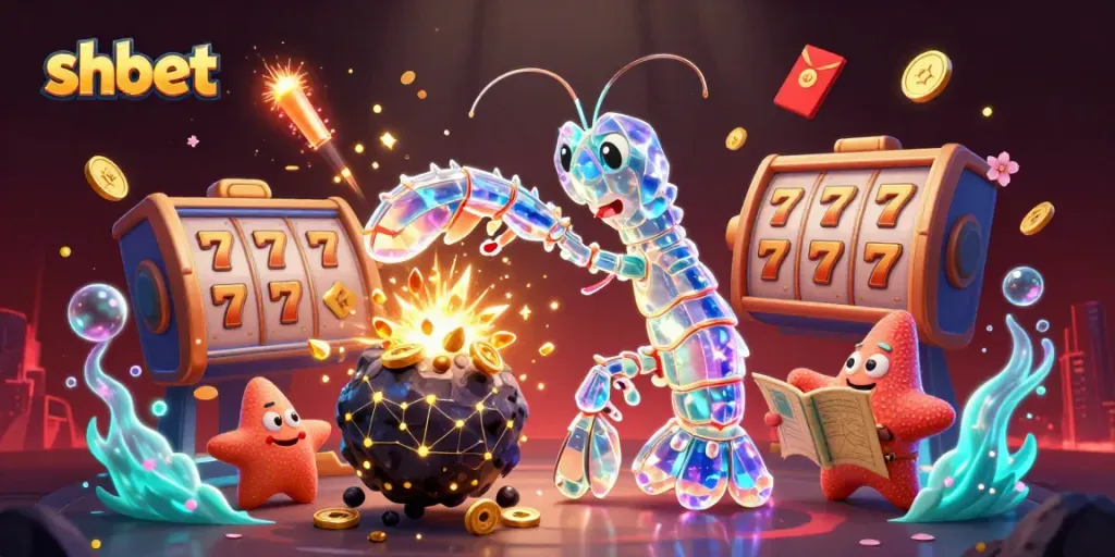 Engage with shbet's exciting gameplay, featuring vibrant slot reels, golden coins, and cosmic elements.