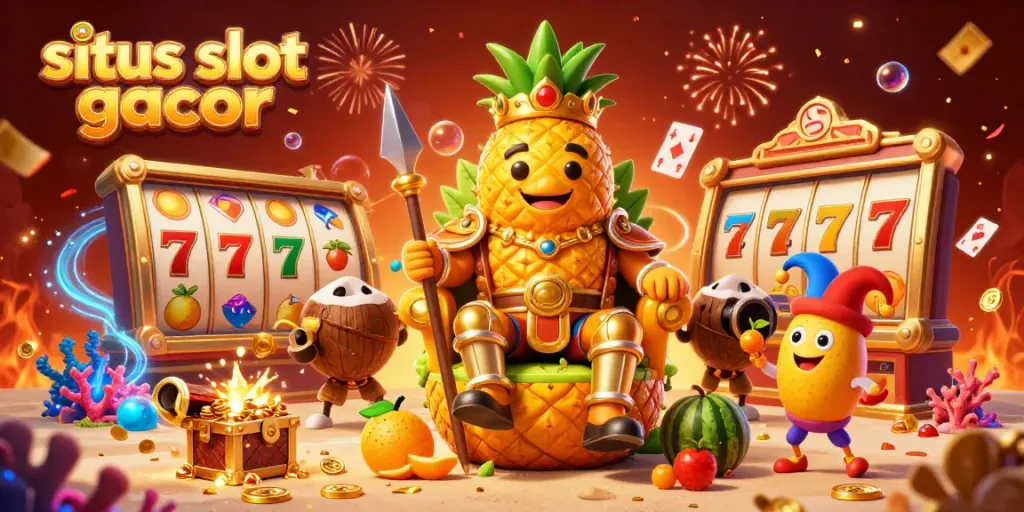 Engage in situs slot gacor excitement with a colorful 3D casino scene featuring cartoon characters and gems.