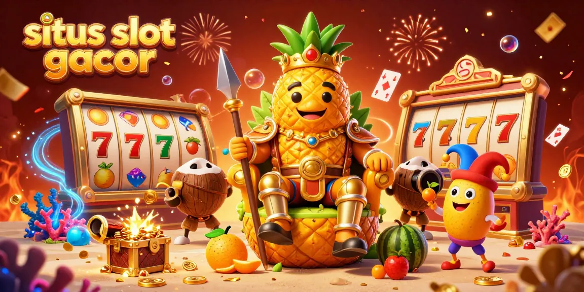 Engage in situs slot gacor excitement with a colorful 3D casino scene featuring cartoon characters and gems.