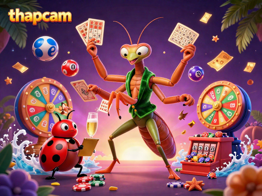 Engage in the exciting world of thapcam with a vibrant casino scene featuring a praying mantis dealer and a ladybug pit boss.
