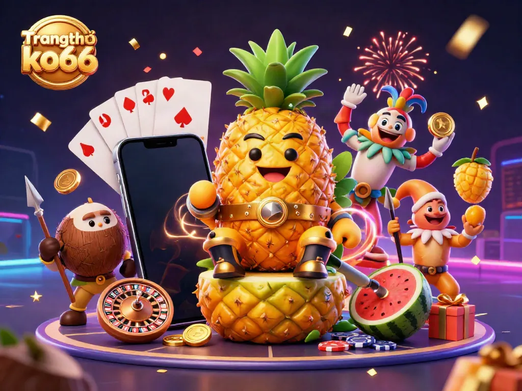 Experience thrilling gaming action at Trang chủ ko66 with a vibrant casino fantasy scene featuring a golden pineapple king.