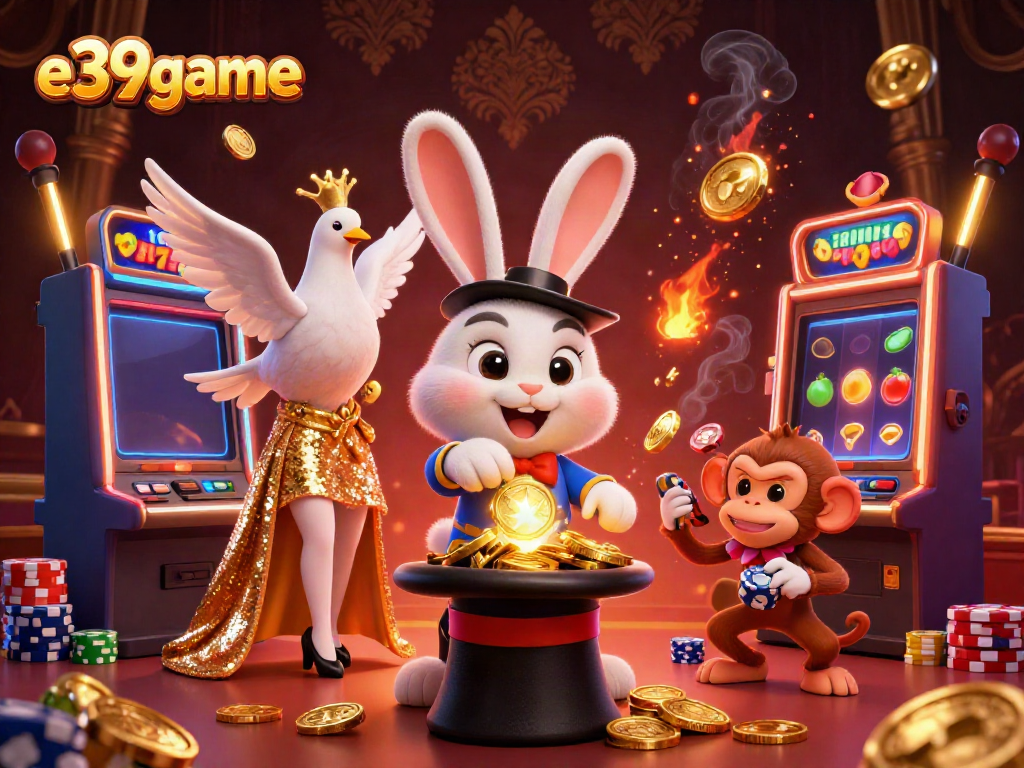 Experience the thrill of casino games with e39game's dynamic 3D illustration of a magician, dove, and monkey surrounded by colorful slot machines.