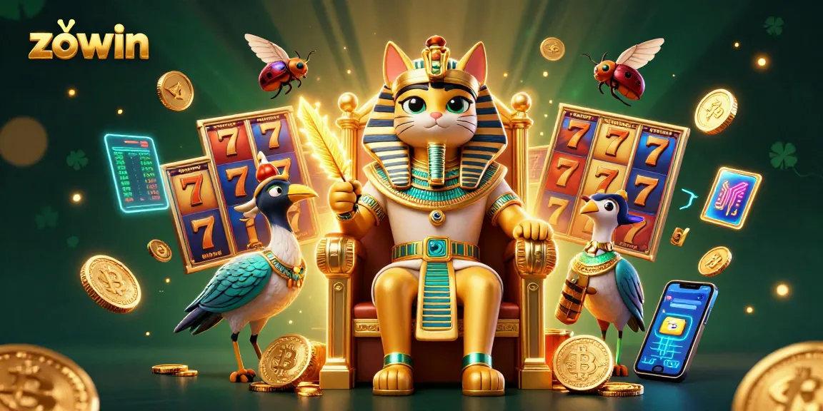 Engage with vibrant slot games at Zowin, featuring a cartoon pharaoh cat and treasure elements.