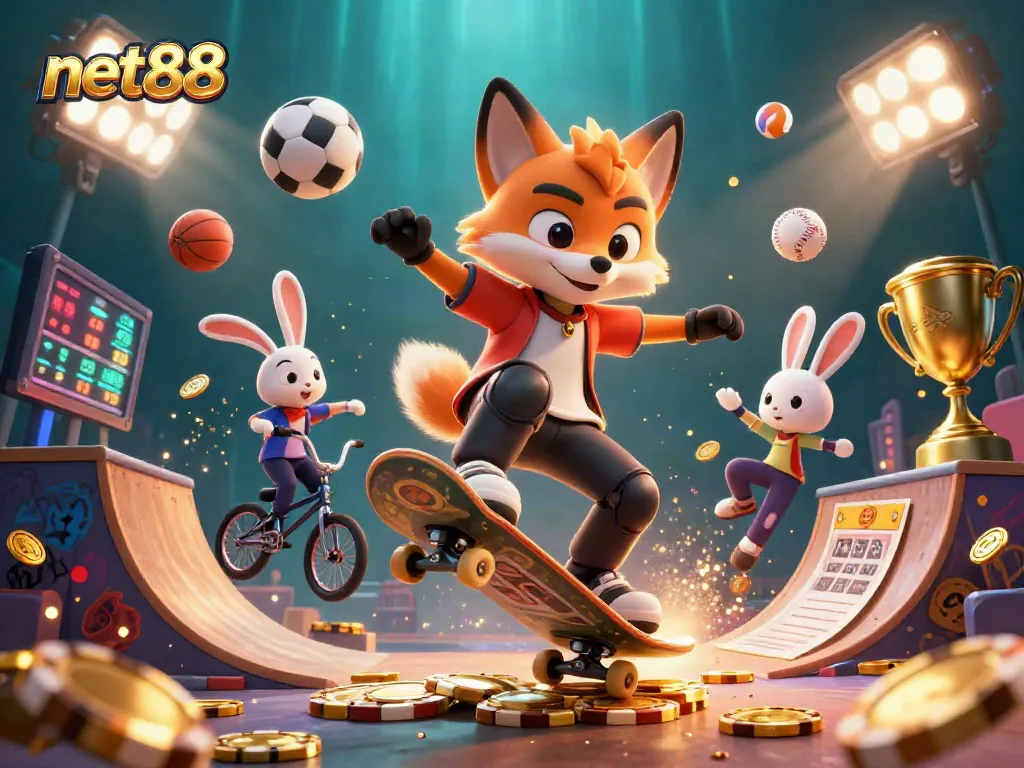 Experience thrilling wins at net88 with a 3D dynamic casino scene showcasing lively cartoon characters.