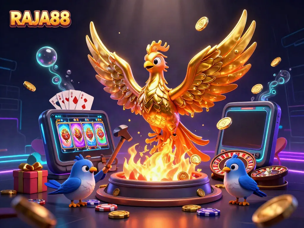 Engage exciting slot gameplay with RAJA88's vibrant golden phoenix and dynamic game elements.
