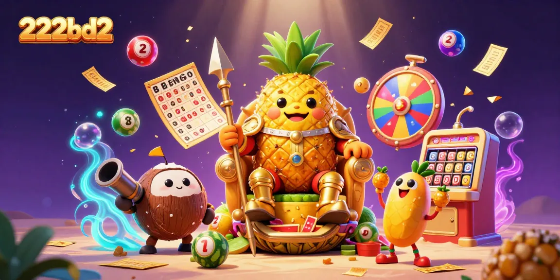 Experience the vibrant beach casino scene of 222bd2 with dynamic golden pineapple king and colorful lottery elements.