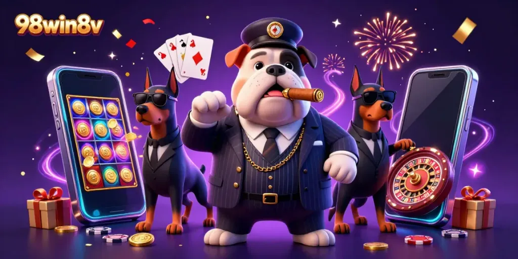 Experience thrilling gameplay at 98win8v with a vibrant 3D casino illustration showcasing animated characters and game elements.