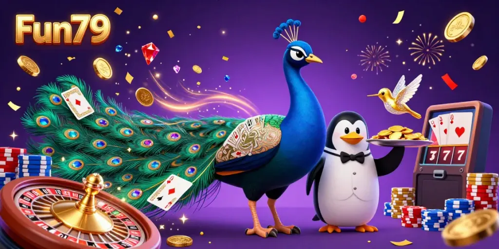 Engage with Fun79's vibrant scene of 3D animated characters celebrating with golden chips and casino games.