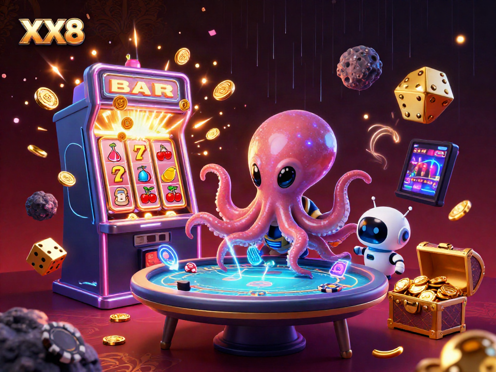 Experience thrilling alien poker with XX8's vibrant galactic casino scene bursting with excitement.