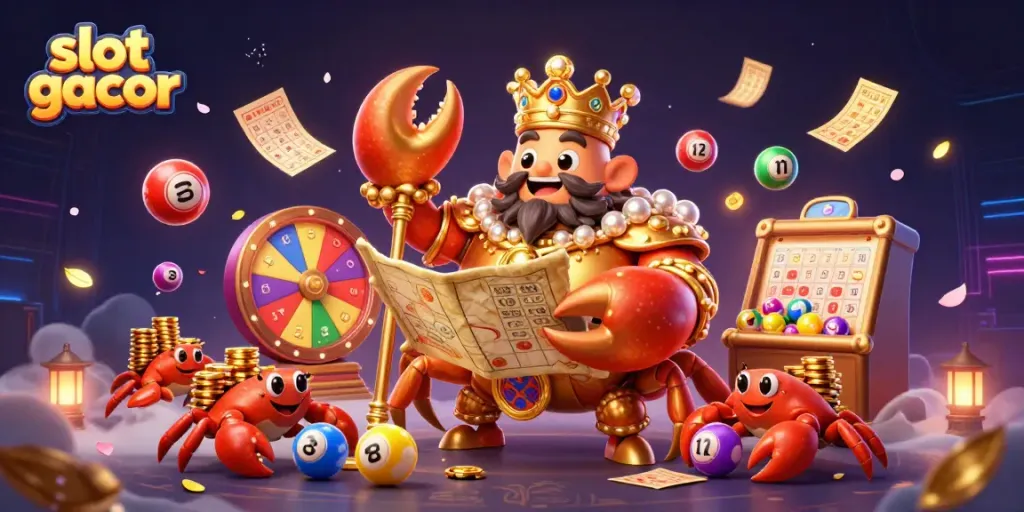 Menangkan slot gacor dengan ilustrasi kaisar kepiting emas dan elemen lotere yang memikat.