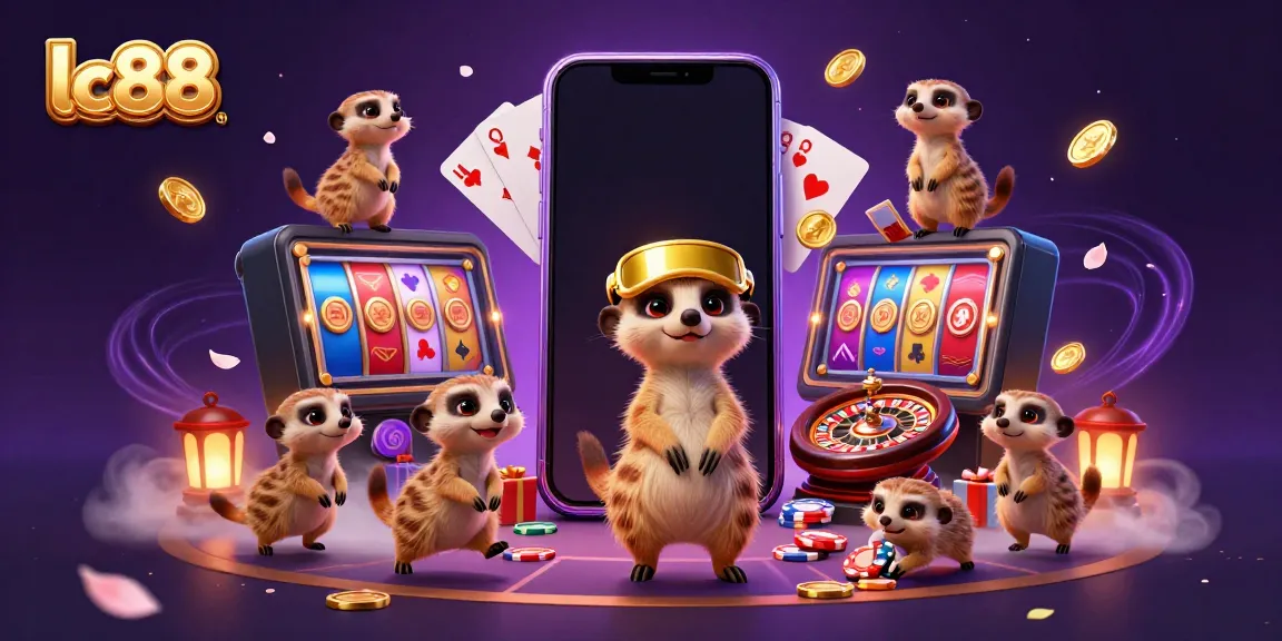 lc88 meerkats engaging in casino games with a vibrant smartphone slot and colorful elements