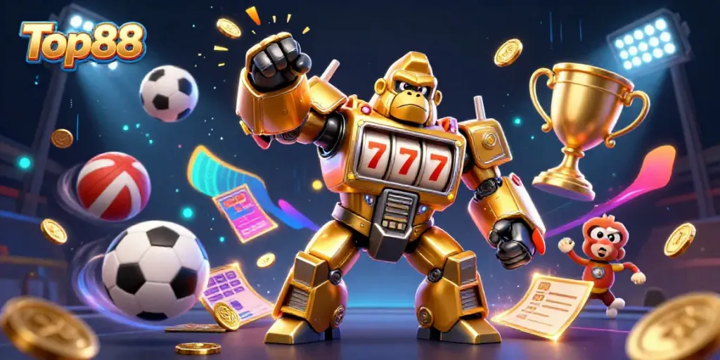 Engage with Top88's thrilling gaming experience featuring a golden gorilla mech and dynamic sports elements.