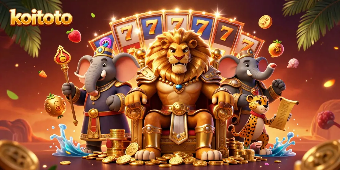 Koin emas dan simbol slot bersinar di sekitar koitoto dengan karakter bermain dalam ilustrasi kasino yang menarik.
