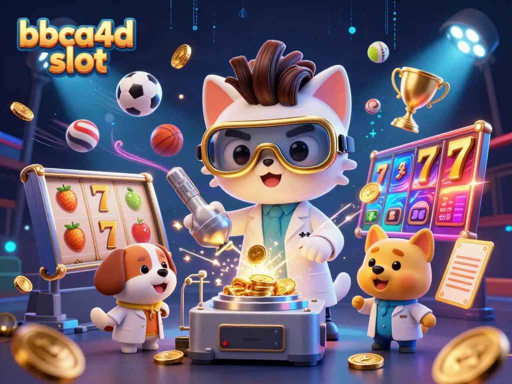 Permainan slot di BBCA4D menunjukkan kucing ilmuwan gila dan anjing asisten dengan elemen mesin emas dan simbol keberuntungan.