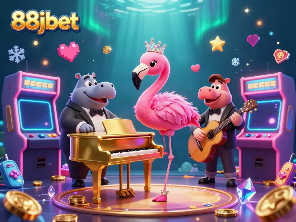 Engage in 88jbet's vibrant casino scene with a flamingo singer and hippo bassist.