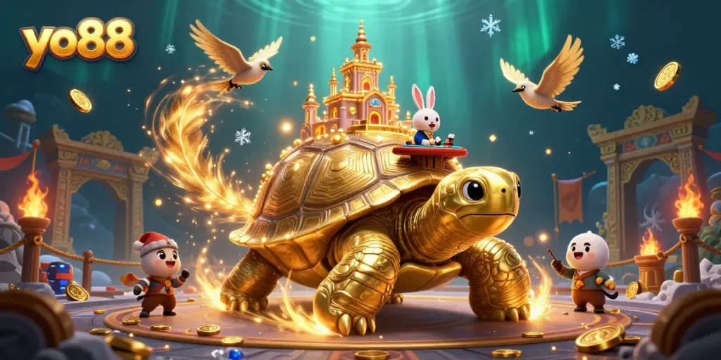 Experience exciting gameplay at yo88 with a vibrant 3D casino scene featuring a golden tortoise and a rabbit dealer.