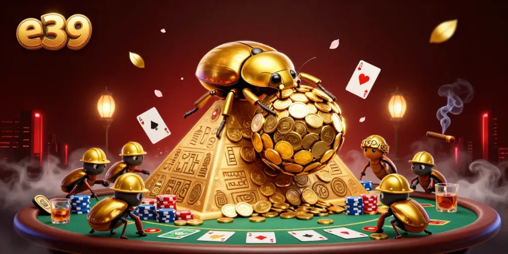 Engage with the e39 casino as golden dung beetles triumphantly tackle gold coin challenges in a vibrant, interactive scene.