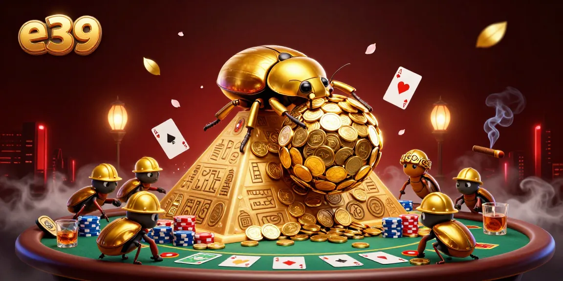 Engage with the e39 casino as golden dung beetles triumphantly tackle gold coin challenges in a vibrant, interactive scene.
